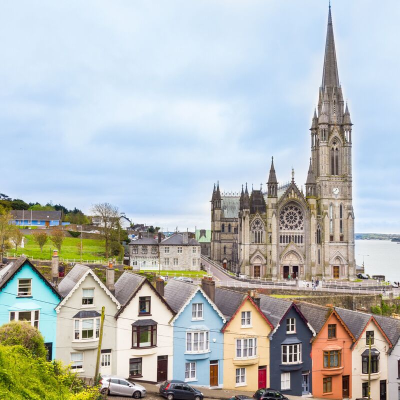 Cathedral and colored houses in Cobh, Ireland