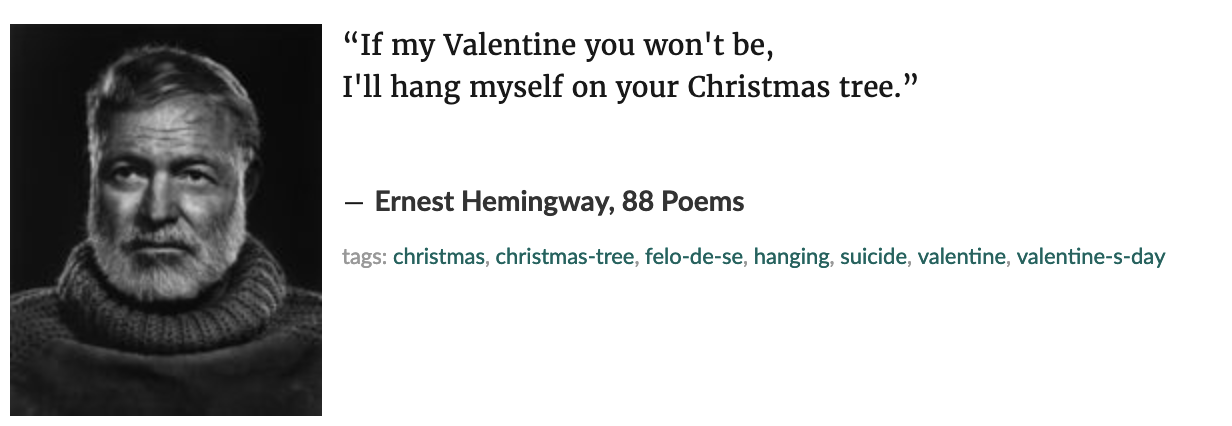 Ernesting Hemmingway, Valentine on a Christmas Tree 