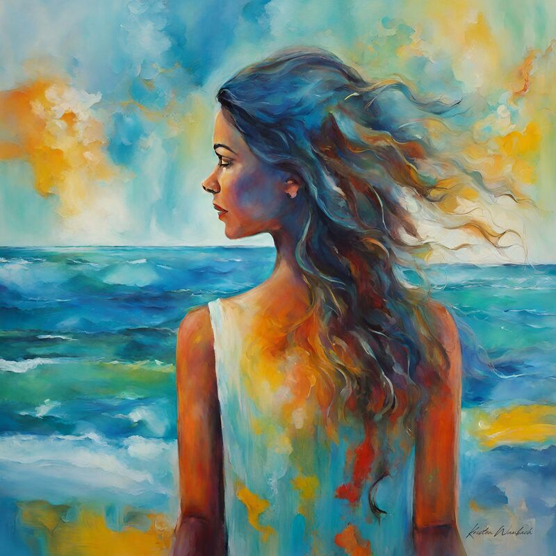 Value able a horizon of promise by Kristen Wambach abstract woman looking our on the horizon, ocean color